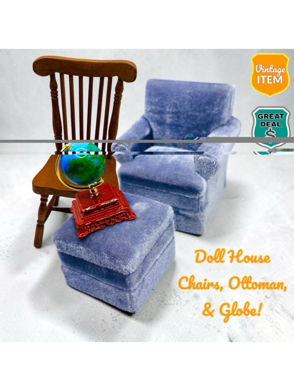 Vintage Miniature Dollhouse Chairs, Ottoman, and World Globe. RARE!